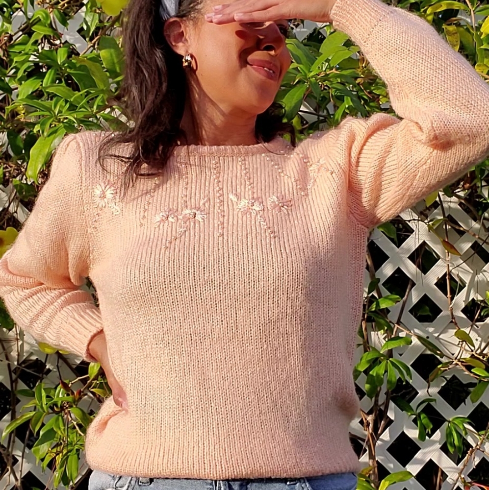 Donagain Vintage Pink Donagain Sweater W/ Floral & Pearl Detailing Size Large